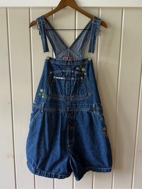 Vintage Revolt Denim Short Overalls with Flowers Embroidered, Size 20/XXL